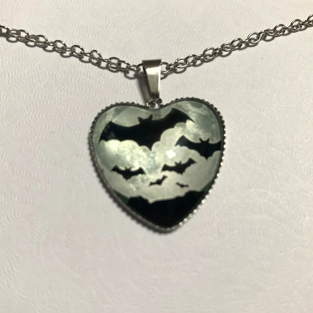 Dome Shape Heart Silver & Black Bat Necklace – Gothic Moon Glass Pendant